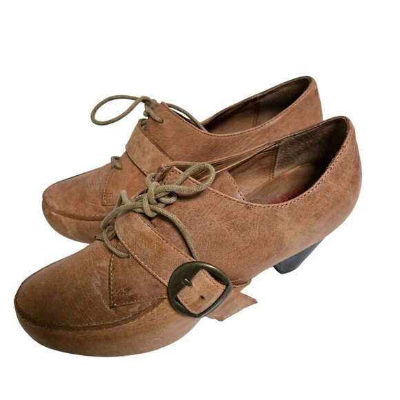 Miz Mooz Elvin Y2K Cognac Leather Lace Up Buckle Block Heel Shoe Size 7.5/8 - Picture 3 of 10
